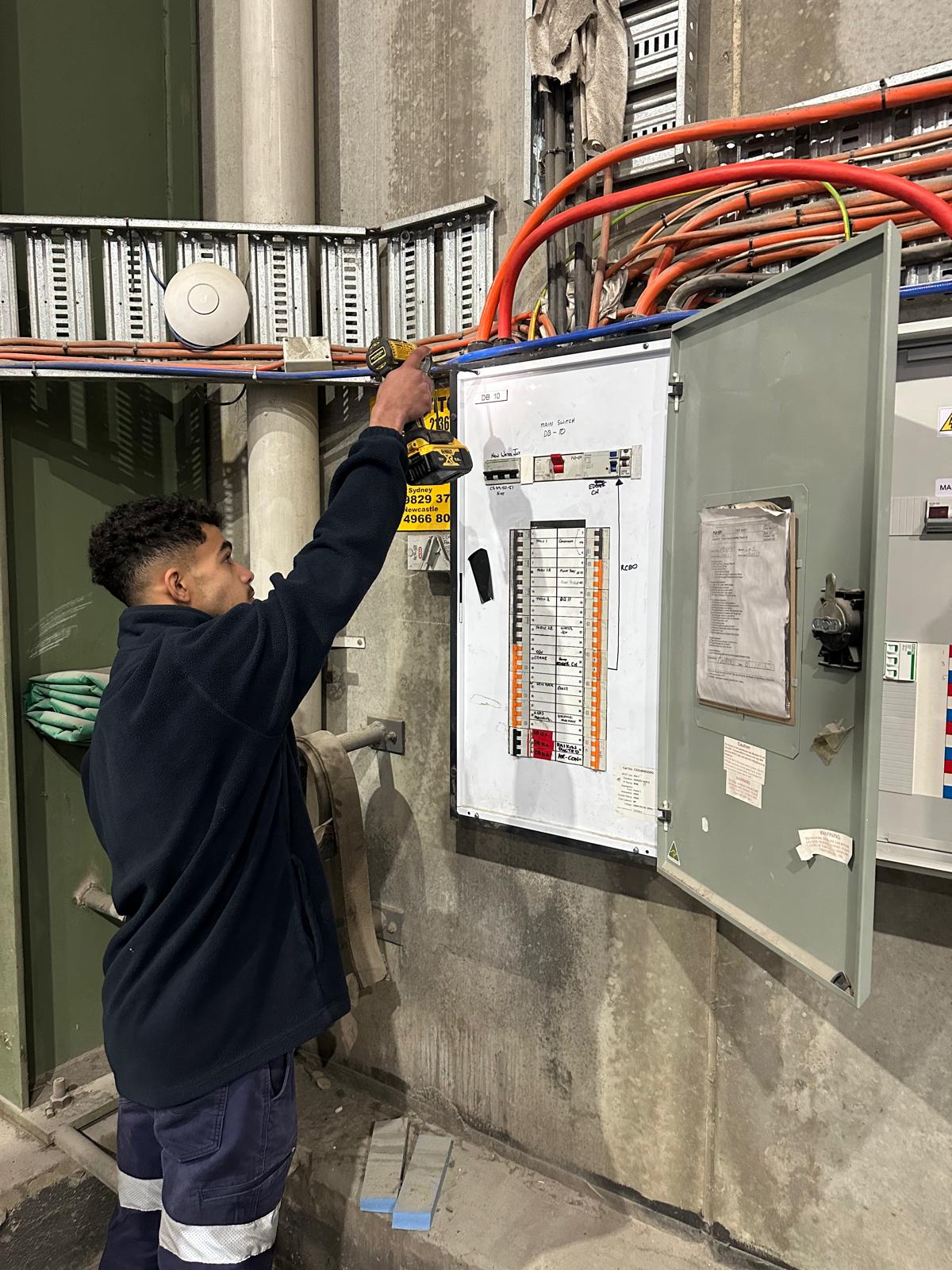 Commercial main switchboard with RCBO protection, escutcheon fixings and labelled circuits
