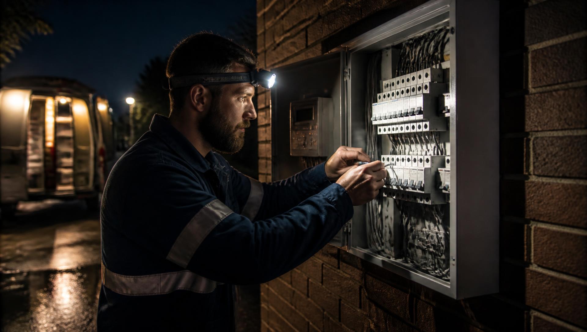 Licensed Sydney emergency electrician working at an open meter box and switchboard during a night call-out