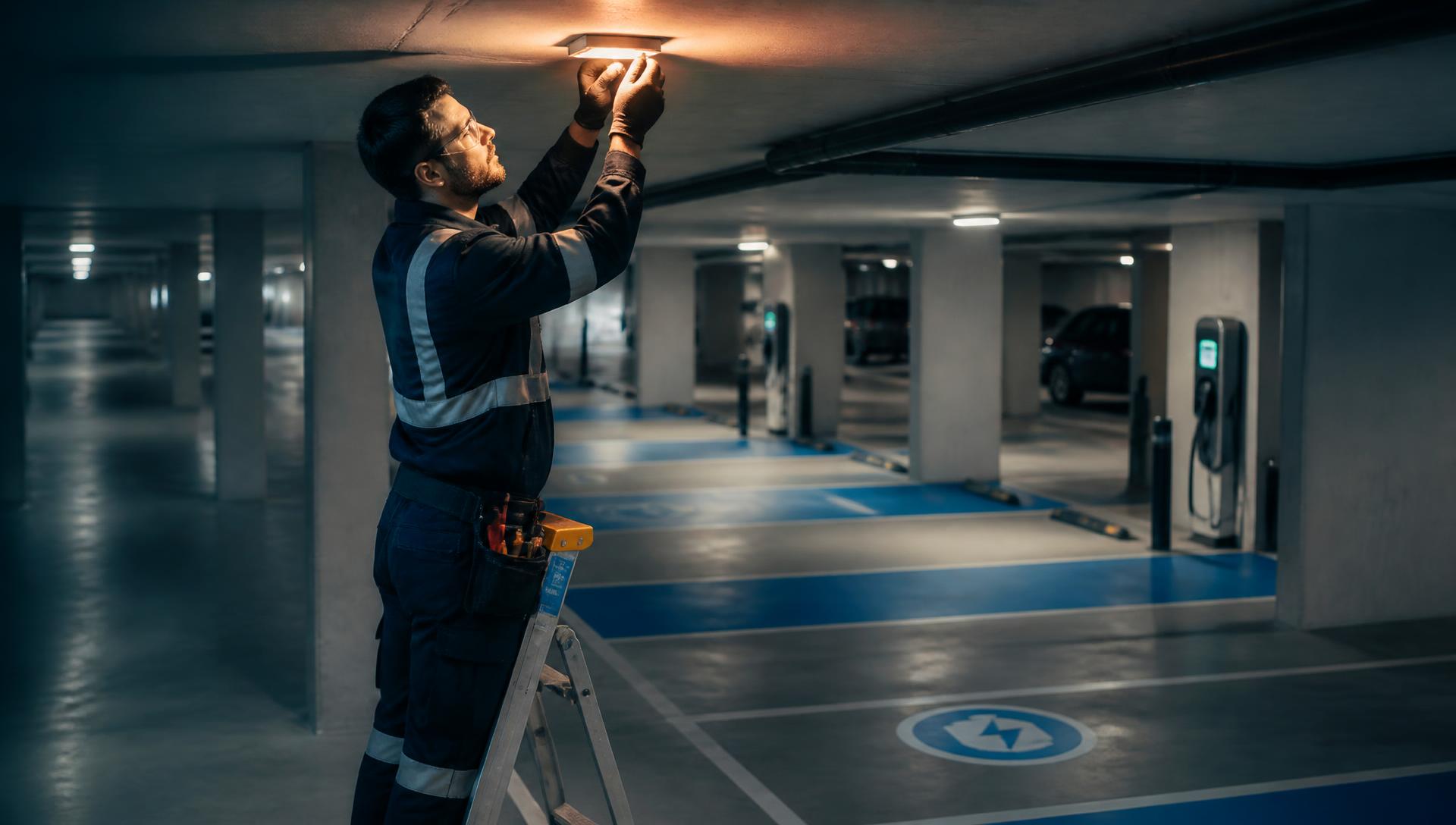 Strata electrician servicing common-area car park lighting beside EV charging bays in a Sydney apartment building
