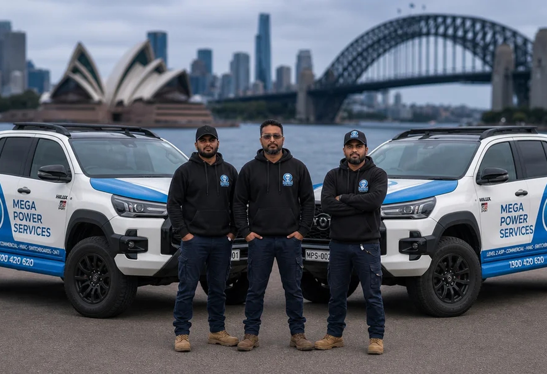 Two Mega Power Services branded Mercedes Sprinter vans with the licensed team on Sydney Harbour
