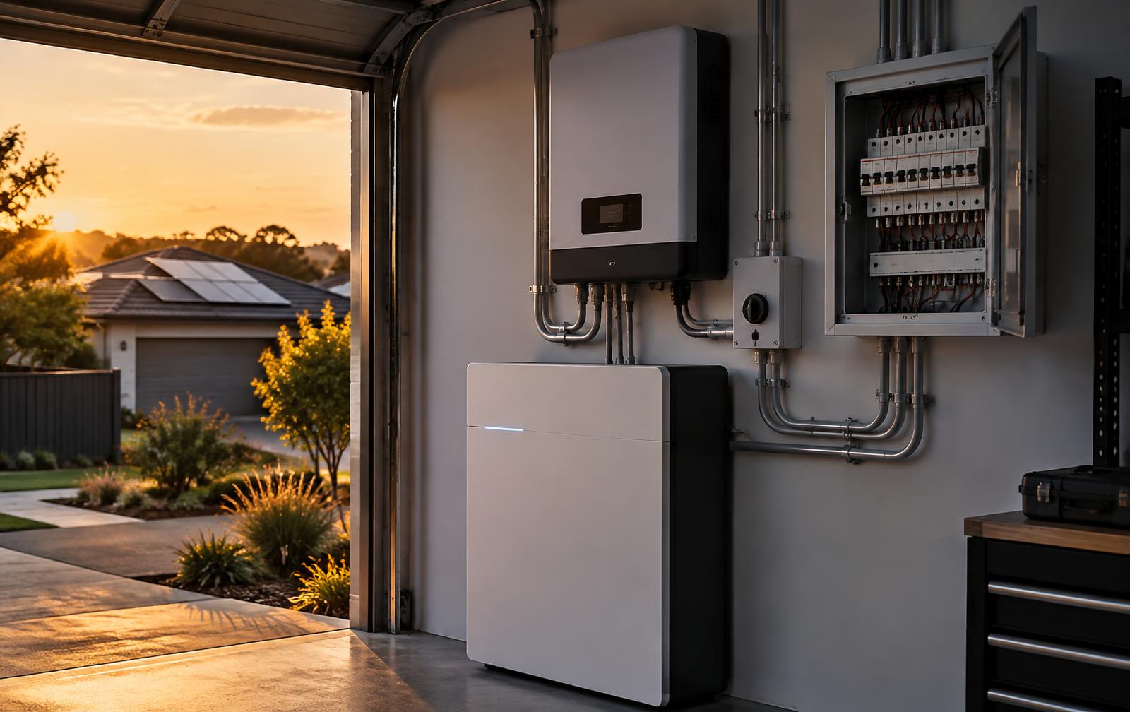 Home battery and hybrid solar inverter installed beside a modern switchboard in a Sydney garage, with rooftop solar panels visible outside